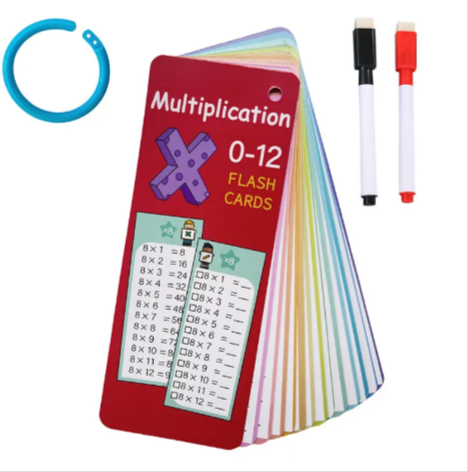 Set of rainbow-edged, erasable multiplication flashcards (0-12) with a blue ring and two dry-erase markers.