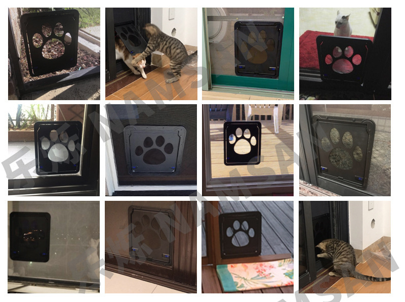 Black, scratchproof pet doors with a paw print cutout, installed in various screen doors and home entryways.