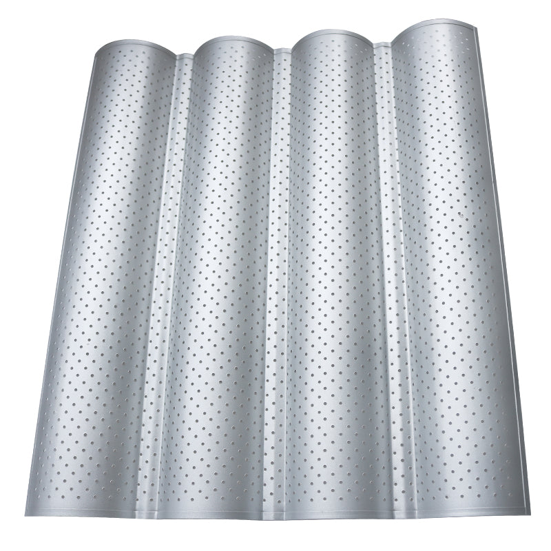Silver, four-channel French bread baguette pan with a perforated metal surface for even baking.