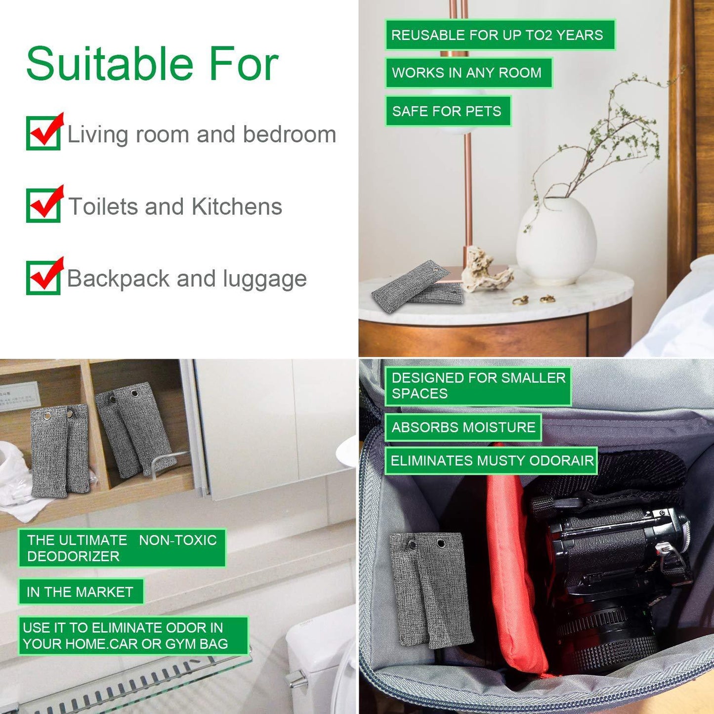 Grey fabric bamboo charcoal air purifying bags shown in a home and bag, with green text labels listing their benefits.