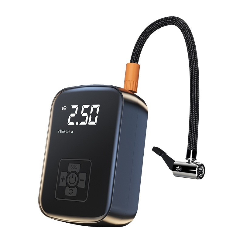 Black portable tire inflator with a digital display, orange connector, and braided hose with a metal nozzle.