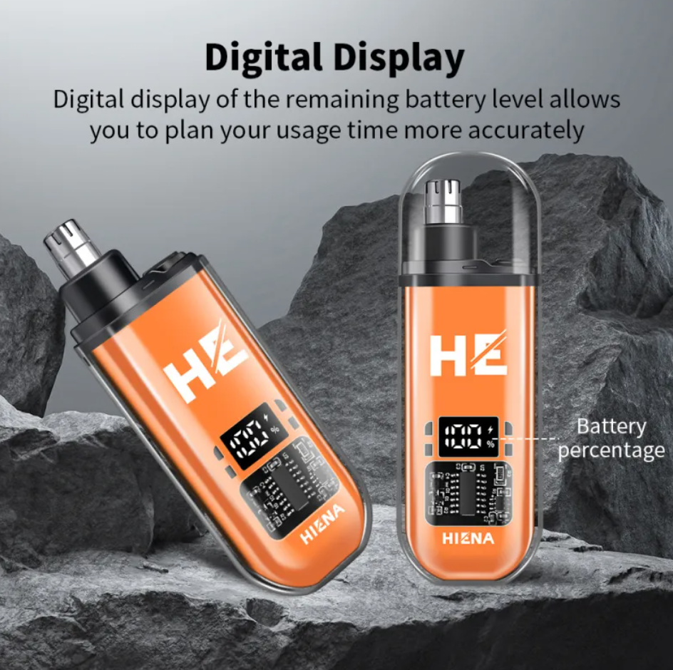 Compact orange electric nose trimmer with a digital battery display and clear protective cap on a grey rocky background.
