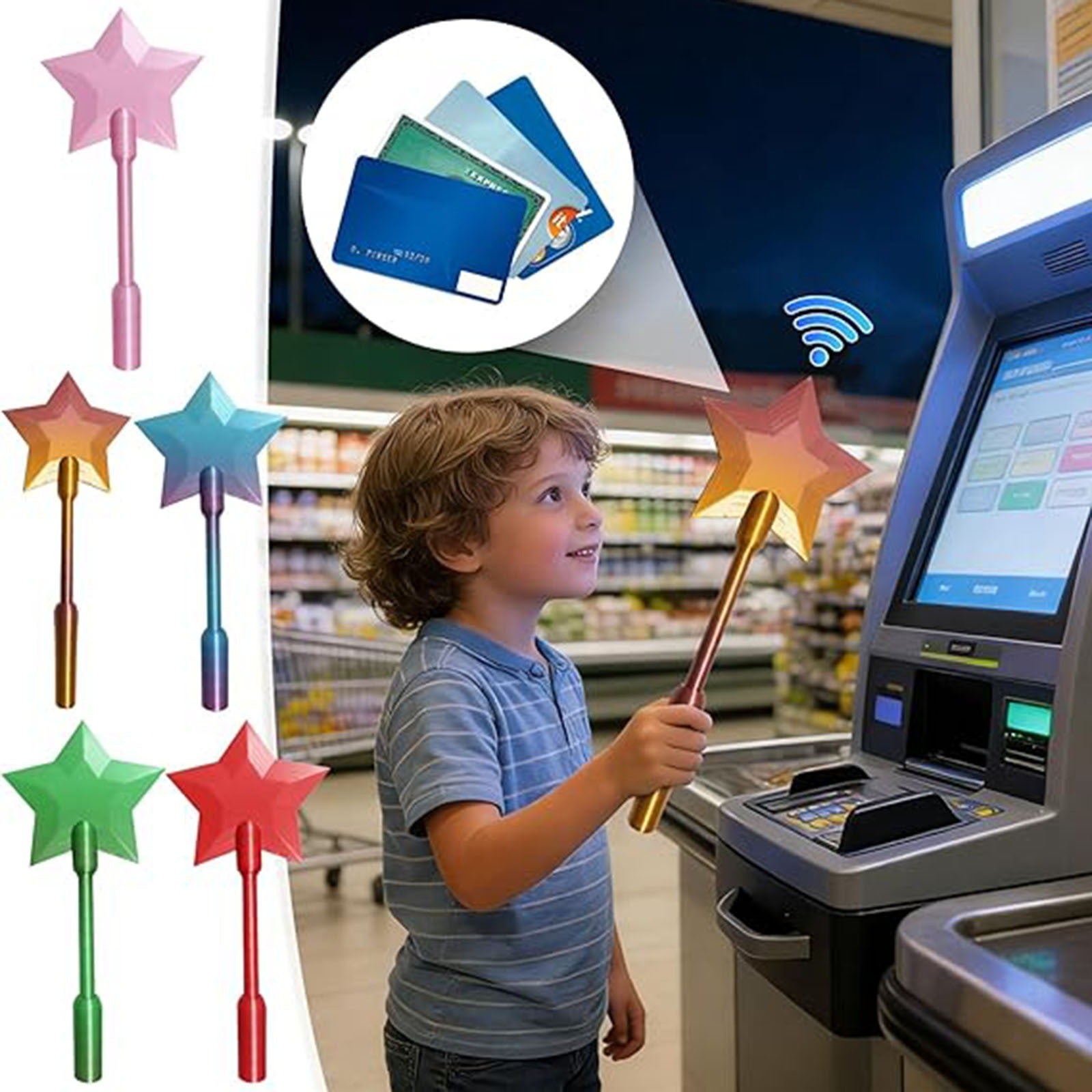 Magic Tap Payment Wands in various colors, used by a child to tap-to-pay with a card housed inside the star tip.