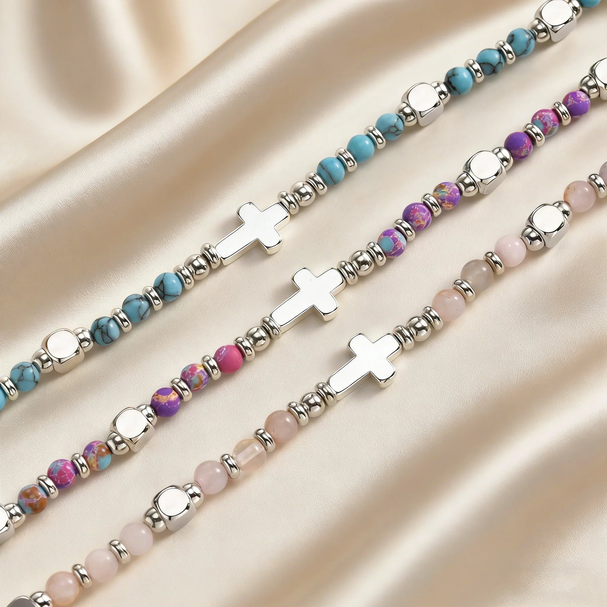Religious Cross Pink Crystal Natural Stone Beads Chain Bracelet for Women Christian Faith Jewelry Easter Baptism Gift by Creative Vault Marketplace