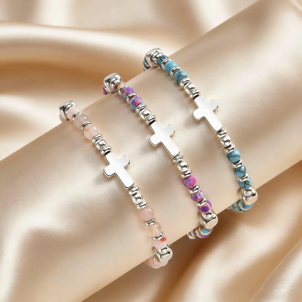 Religious Cross Pink Crystal Natural Stone Beads Chain Bracelet for Women Christian Faith Jewelry Easter Baptism Gift by Creative Vault Marketplace