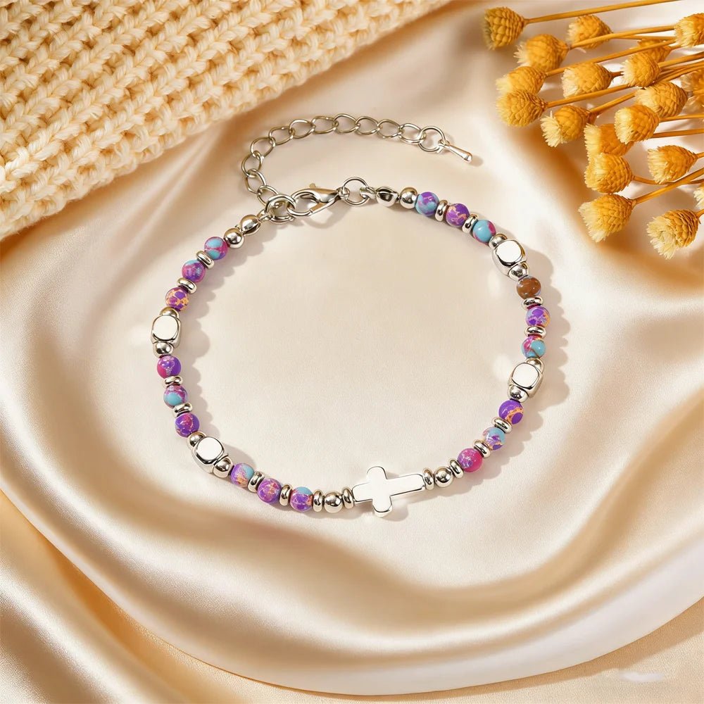 Religious Cross Pink Crystal Natural Stone Beads Chain Bracelet for Women Christian Faith Jewelry Easter Baptism Gift by Creative Vault Marketplace