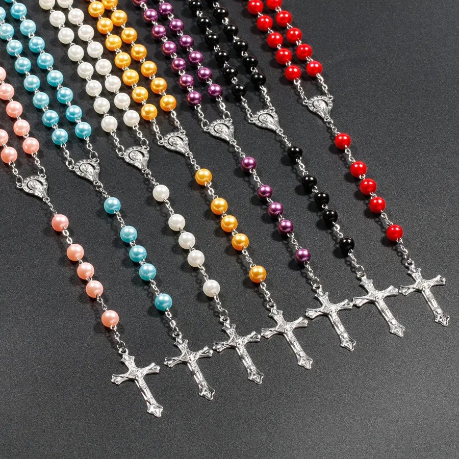 Religion Christian Faux pearl Rosary necklace For Women Virgin Mary Jesus Cross pendant Long beads chains Fashion Jewelry by Creative Vault Marketplace