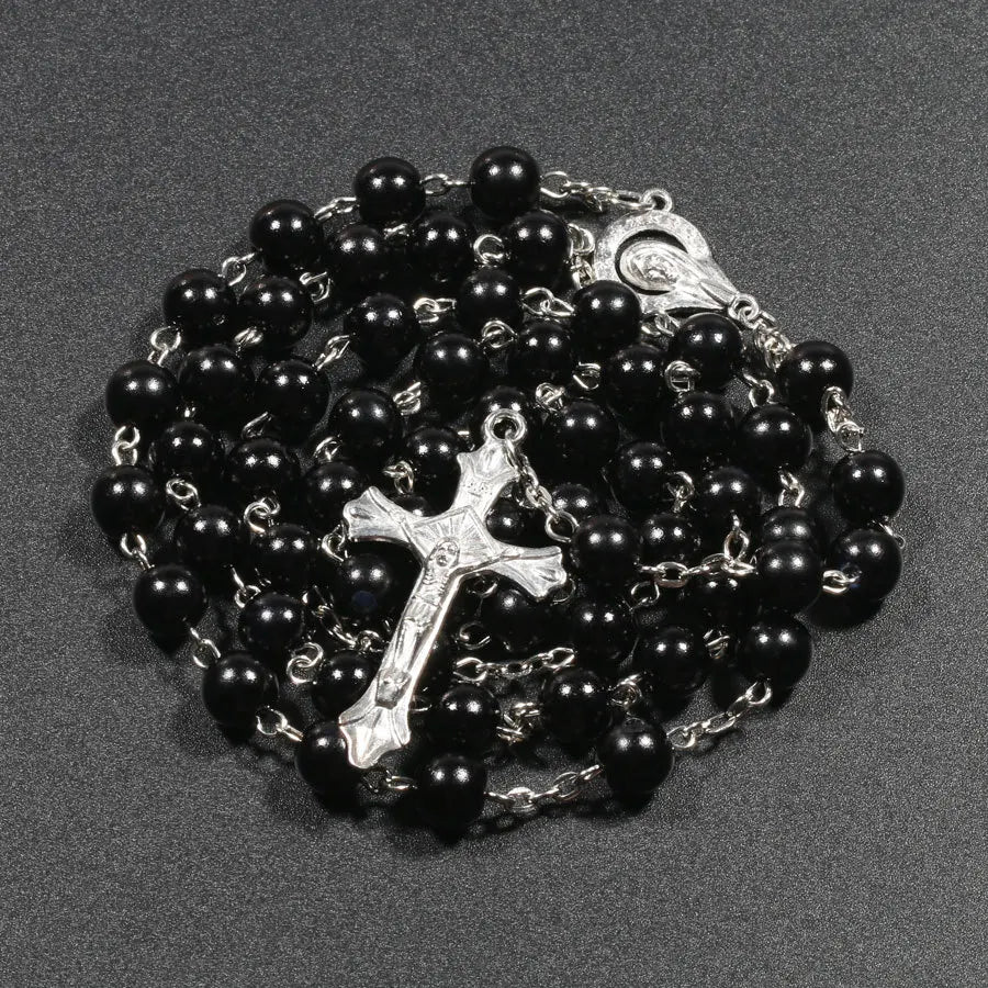 Religion Christian Faux pearl Rosary necklace For Women Virgin Mary Jesus Cross pendant Long beads chains Fashion Jewelry by Creative Vault Marketplace