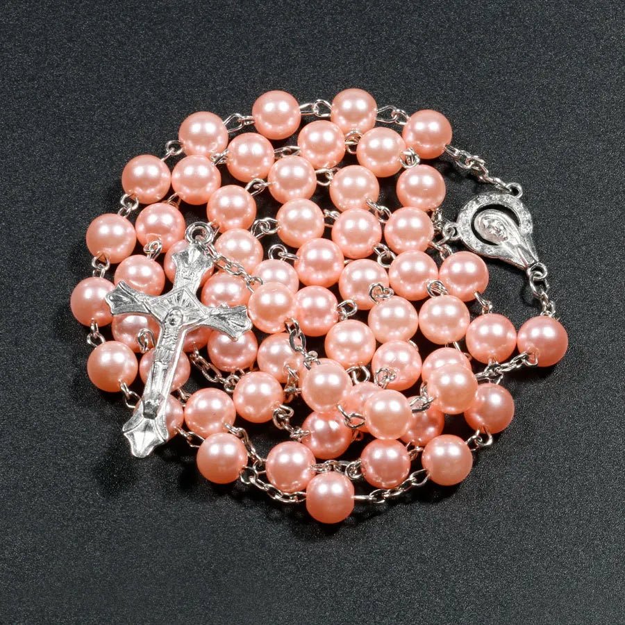 Religion Christian Faux pearl Rosary necklace For Women Virgin Mary Jesus Cross pendant Long beads chains Fashion Jewelry by Creative Vault Marketplace