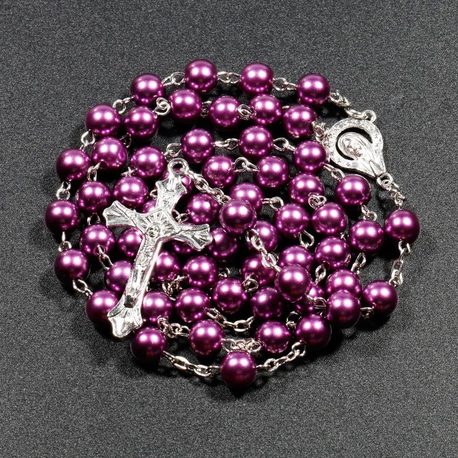 Religion Christian Faux pearl Rosary necklace For Women Virgin Mary Jesus Cross pendant Long beads chains Fashion Jewelry by Creative Vault Marketplace