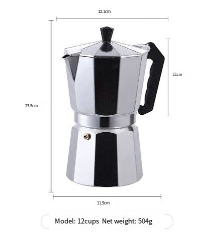 Creative Vault Marketplace 12-cup aluminum moka pot with dimensions and black handle