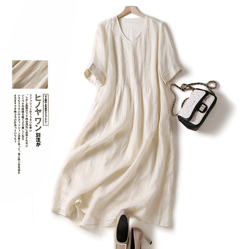 Creative Vault Marketplace apricot cotton linen midi dress with V-neck, half sleeves, and vintage organ pleated detail.