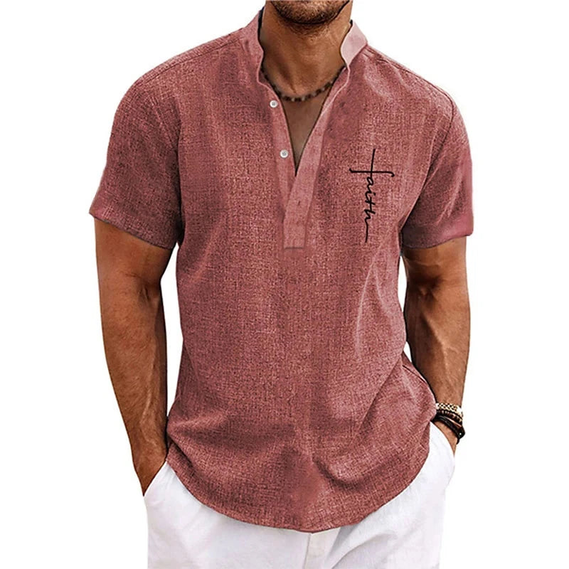 Faith Letter 3D Print Henley Shirts Men's Fashion Oversized Button Stand Collar Short Sleeve T Shirt Male Tees Tops Man Clothing by Creative Vault Marketplace