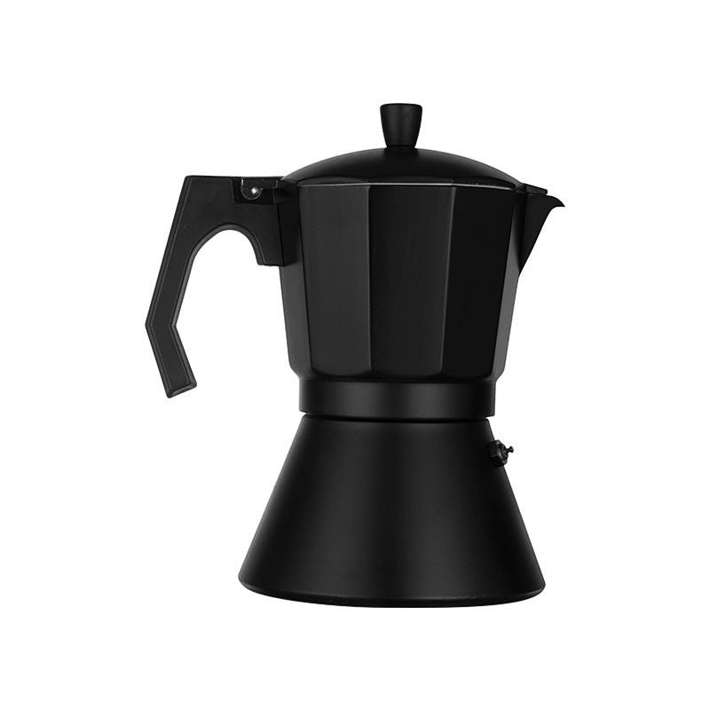 Creative Vault Marketplace black aluminum moka pot coffee brewer with a modern faceted design on a white background