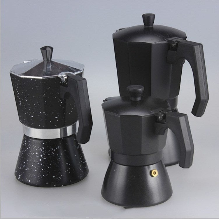 Creative Vault Marketplace collection of black aluminum moka pots in various sizes for stovetop espresso brewing