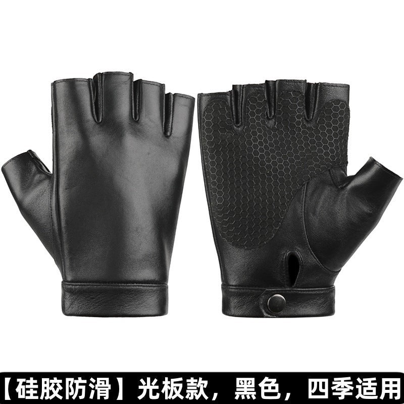 Creative Vault Marketplace black sheepskin leather half-finger motorcycle gloves with textured anti-slip palm grip