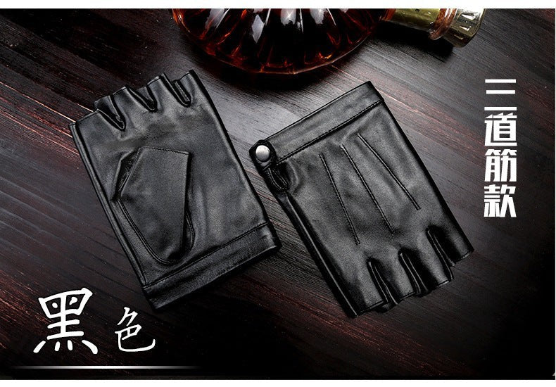 Creative Vault Marketplace black sheepskin leather half-finger motorcycle gloves with reinforced stitching