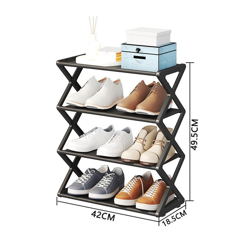 Creative Vault Marketplace black metal three-tier X-frame shoe rack with various shoes and storage boxes on shelves