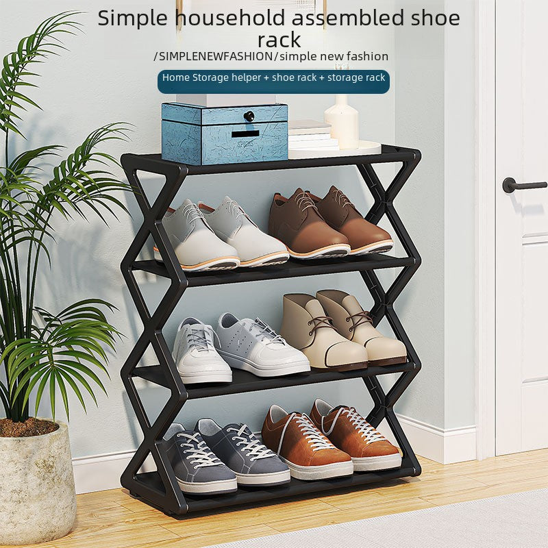 Creative Vault Marketplace black metal X-frame shoe rack with three tiers holding various sneakers and dress shoes