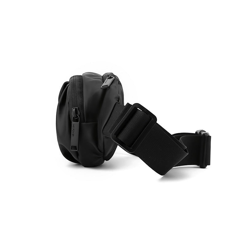 Creative Vault Marketplace black waterproof nylon waist bag with adjustable strap and secure zipper side view
