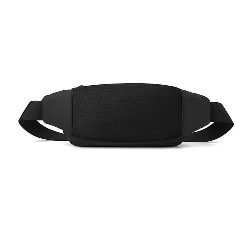 Creative Vault Marketplace black waterproof nylon waist bag with a breathable mesh back panel for comfortable wear.