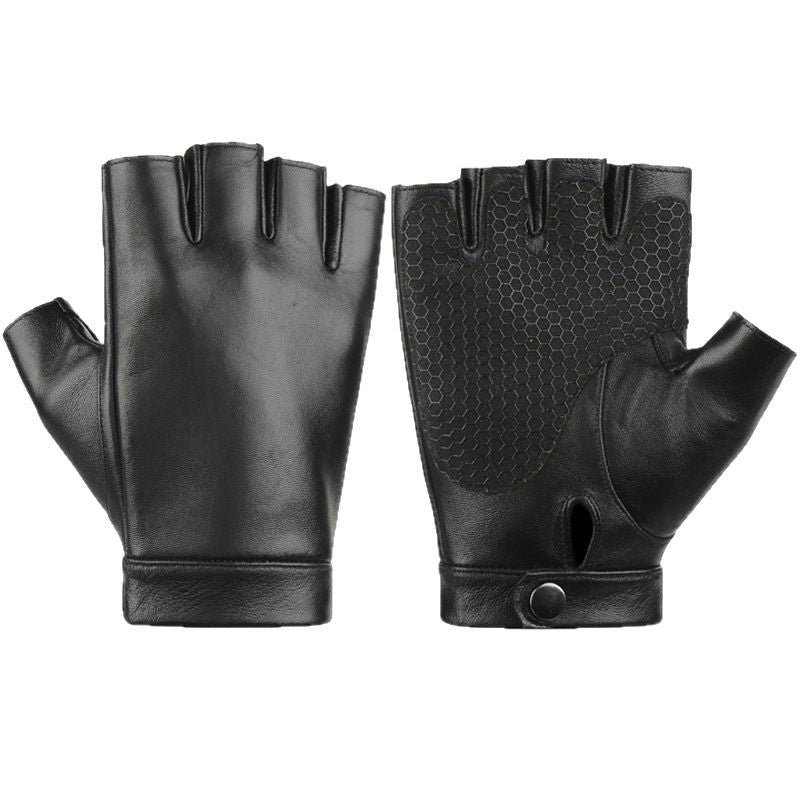 Creative Vault Marketplace black sheepskin leather half-finger motorcycle gloves with textured anti-slip palm detail.