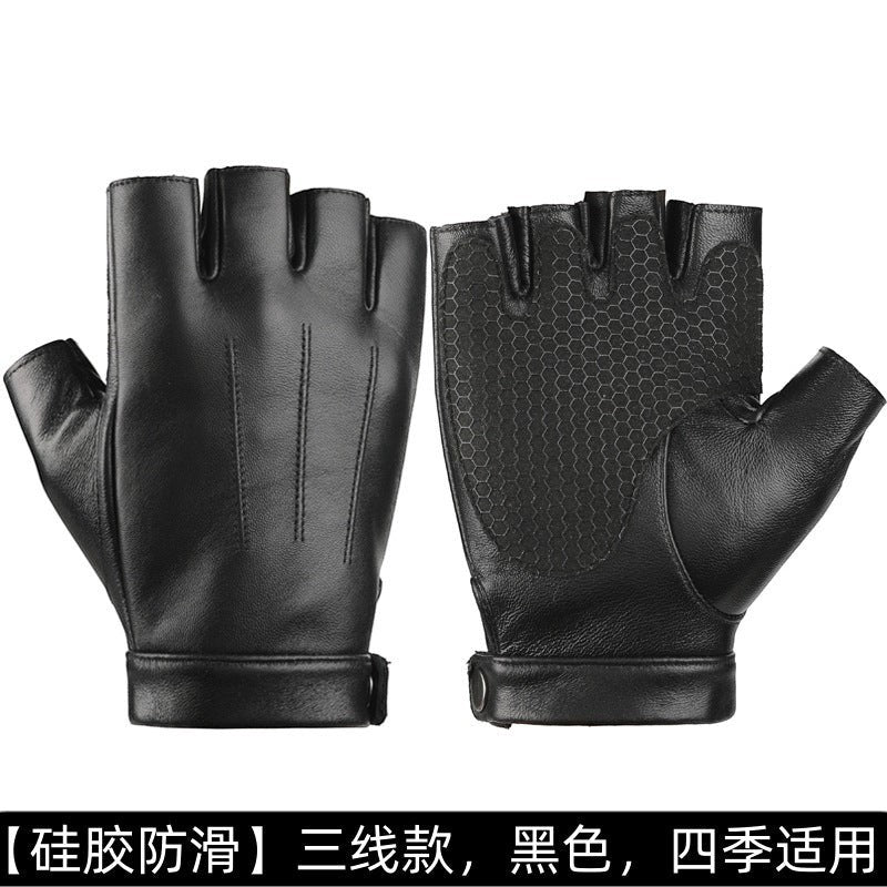 Creative Vault Marketplace black sheepskin leather half-finger motorcycle gloves with textured anti-slip palm grip