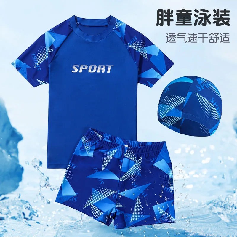 Creative Vault Marketplace boys' blue two-piece quick-dry swimsuit with geometric pattern and matching swim cap