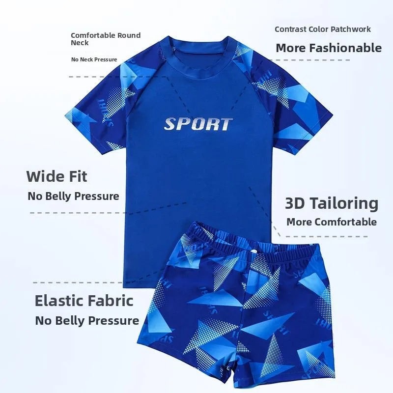 Creative Vault Marketplace boys' two-piece blue quick-dry swimwear set with geometric pattern and loose fit design.