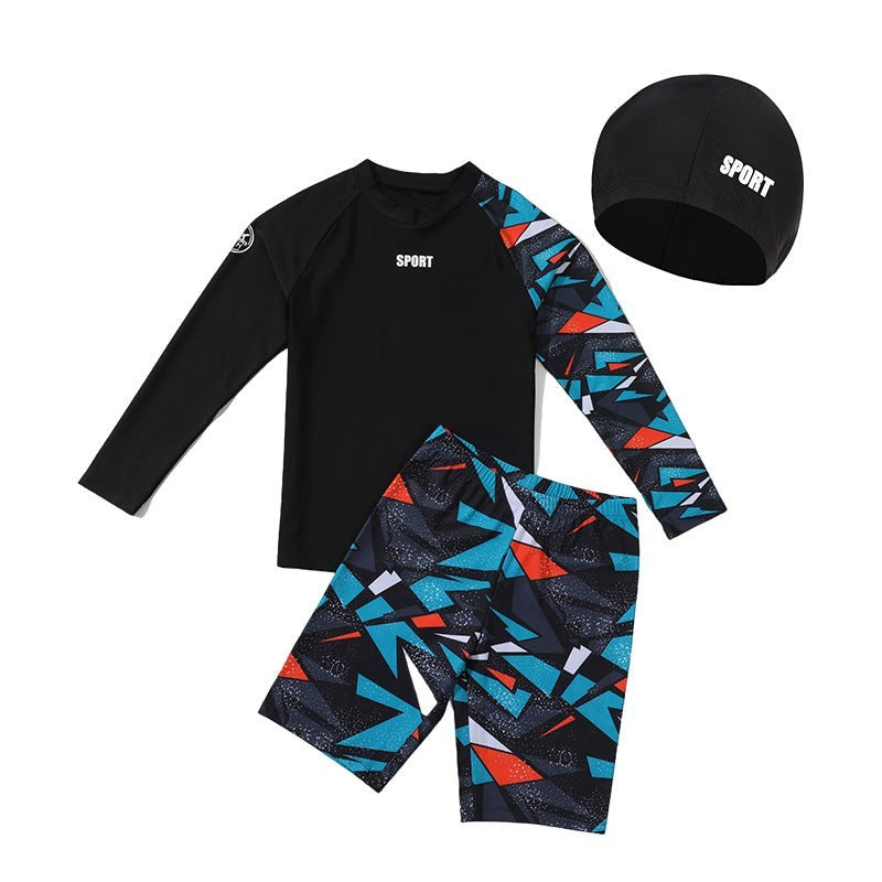 Creative Vault Marketplace boys' two-piece swim set with black long-sleeve top, geometric print shorts, and swim cap.