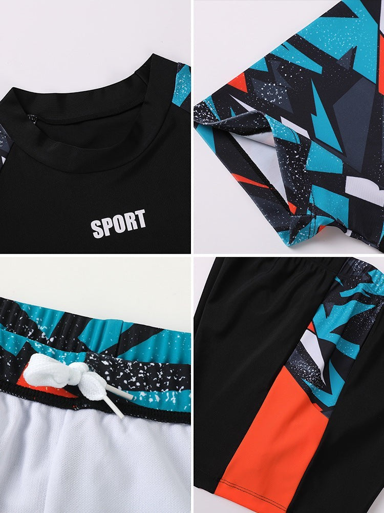 Creative Vault Marketplace boys two-piece swimwear set featuring black, blue, and orange geometric print details.