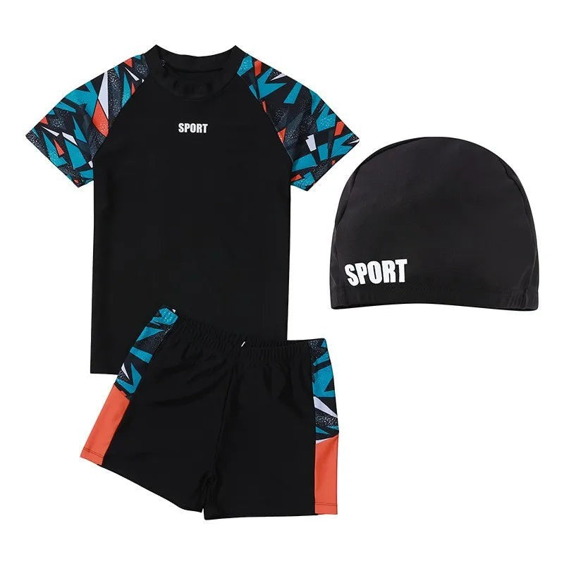Creative Vault Marketplace boys' plus size two-piece black swimwear set with geometric sleeves, trunks, and swim cap.