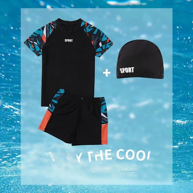 Creative Vault Marketplace boys' plus size two-piece swim set with geometric sleeves, black trunks, and matching cap.