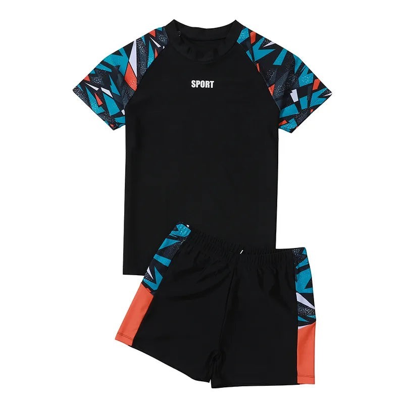Creative Vault Marketplace boys plus size two-piece swimwear set with geometric pattern, black top and swim trunks