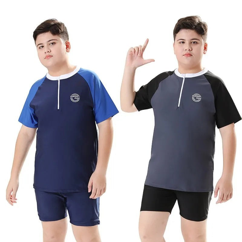 Creative Vault Marketplace boys plus size two-piece swimwear sets with short sleeves and trunks in blue and grey