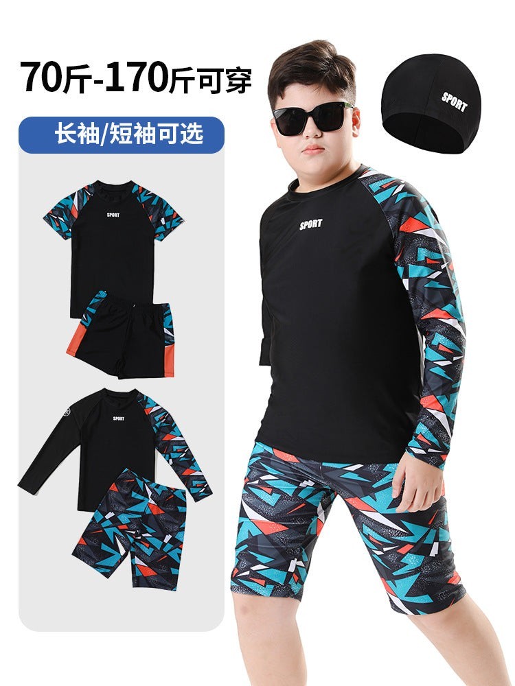 Creative Vault Marketplace boys two-piece swim set with black top and geometric print shorts and matching swim cap