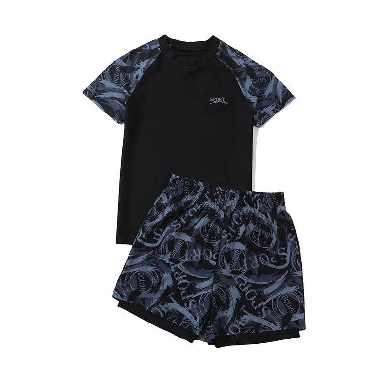 Creative Vault Marketplace boys' two-piece black and grey patterned short-sleeve swimwear set with swim trunks