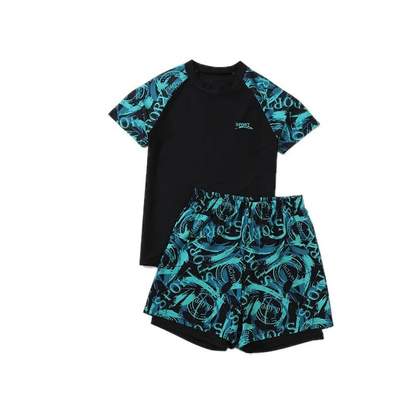 Creative Vault Marketplace boys' two-piece short-sleeve swim set in black and teal with a bold graphic print pattern.