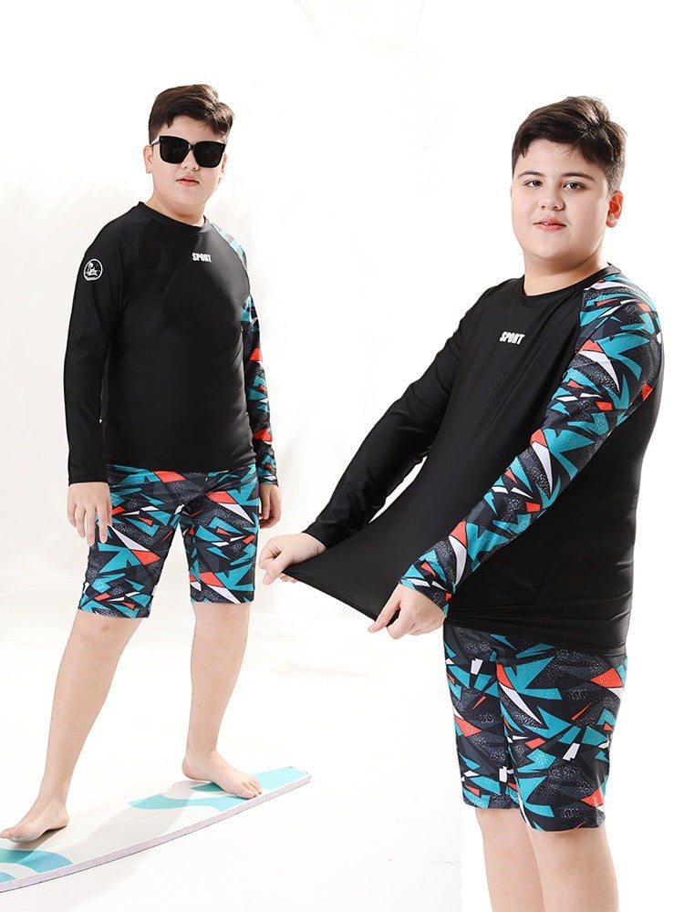 Creative Vault Marketplace boys' two-piece long-sleeve swim set with geometric print trunks and black top
