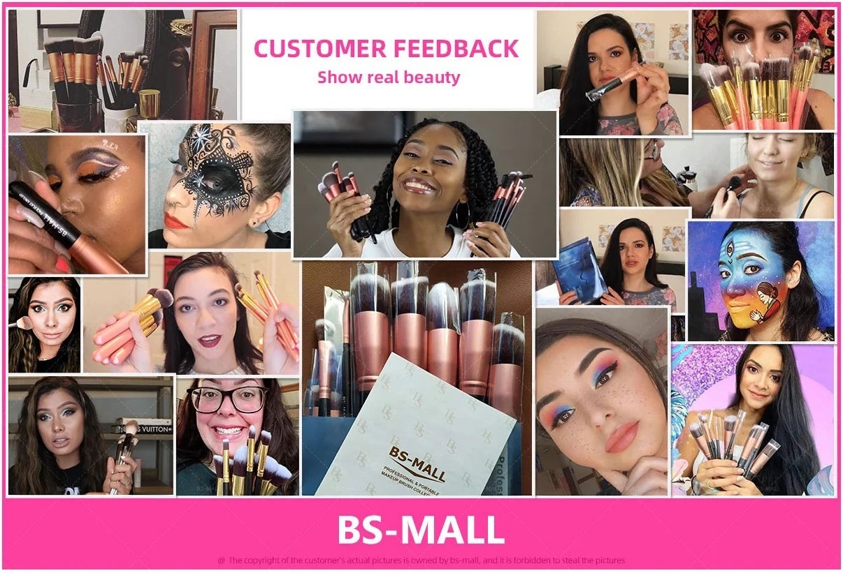 Creative Vault Marketplace BS-MALL 14-piece rose gold makeup brush set collage showing diverse users and applications