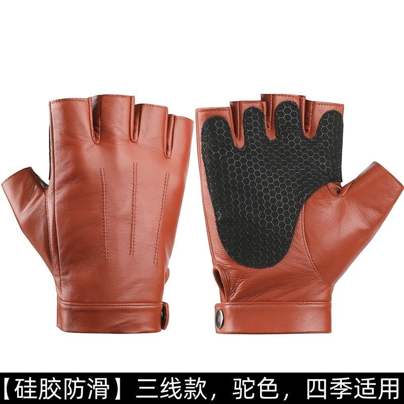 Creative Vault Marketplace camel sheepskin leather half-finger motorcycle gloves with black anti-slip palm grip