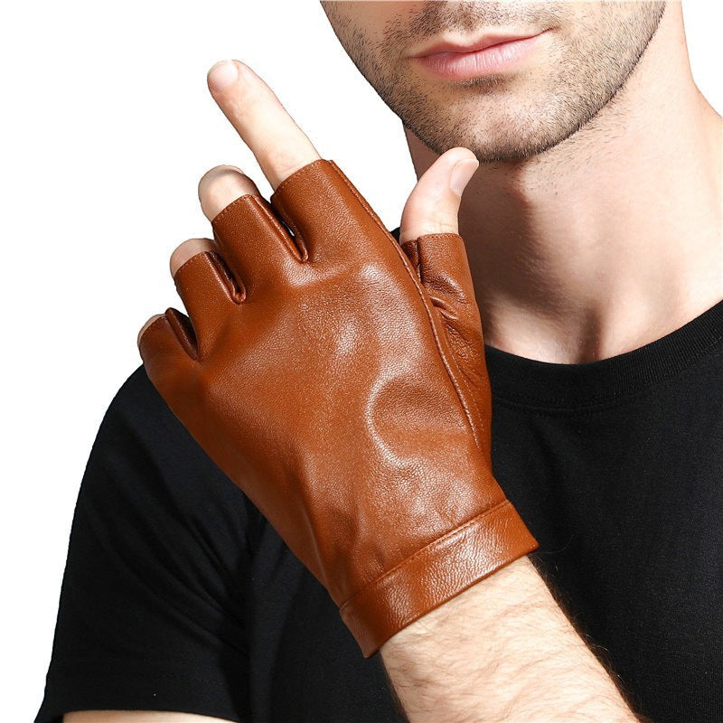 Creative Vault Marketplace camel sheepskin leather half-finger motorcycle gloves worn by a man in a black t-shirt