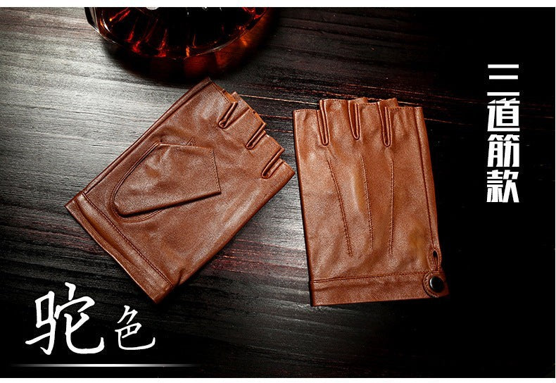 Creative Vault Marketplace camel sheepskin leather half-finger motorcycle gloves on a dark wooden surface