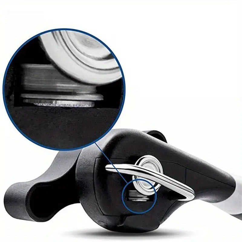 Creative Vault Marketplace stainless steel can opener with black ABS head and DC53 blade, showing a close-up detail view.