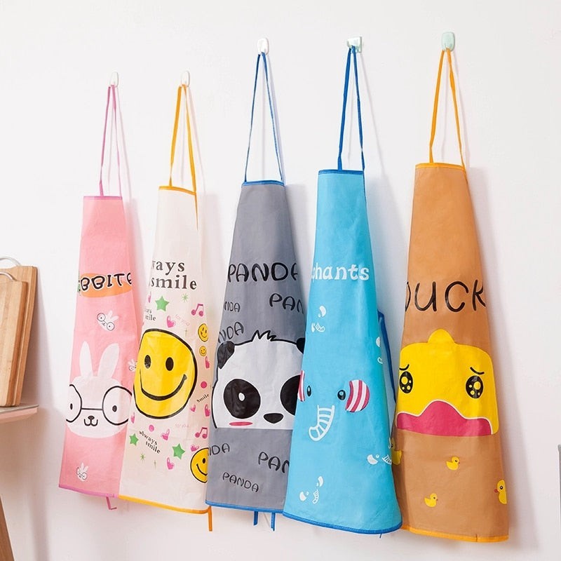 Creative Vault Marketplace waterproof PVC kitchen aprons in five vibrant colours with cute cartoon animal prints