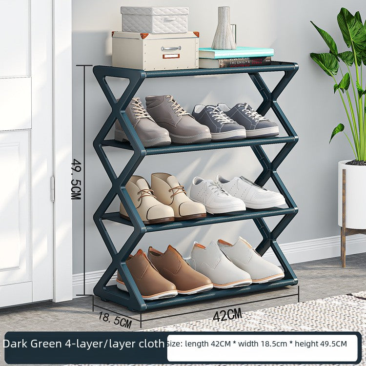 Creative Vault Marketplace dark green 4-tier metal X-frame shoe rack with various shoes in a modern entryway