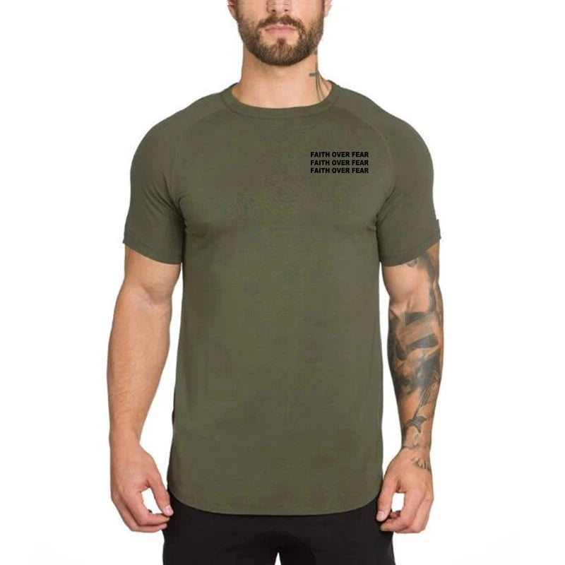 Faith Over Fear Gym Fitness Clothing Summer Short Sleeve T Shirt Hip Hop Extra Long Tops Tee Tshirts Men Cotton Slim Fit T-shirt by Creative Vault Marketplace
