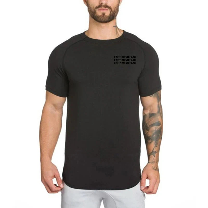 Faith Over Fear Gym Fitness Clothing Summer Short Sleeve T Shirt Hip Hop Extra Long Tops Tee Tshirts Men Cotton Slim Fit T-shirt by Creative Vault Marketplace
