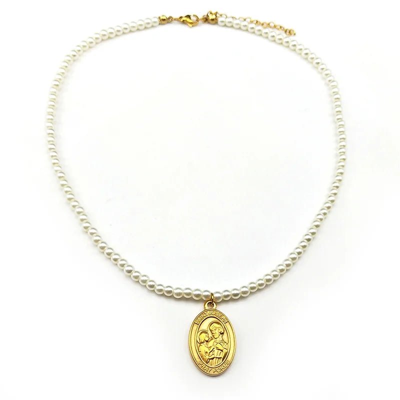Saint Joseph Pray For Us Pendant Necklace For Women Girls Stainless Steel Pearl Gold Color Faith Amulet Catholic Chain Jewelry by Creative Vault Marketplace