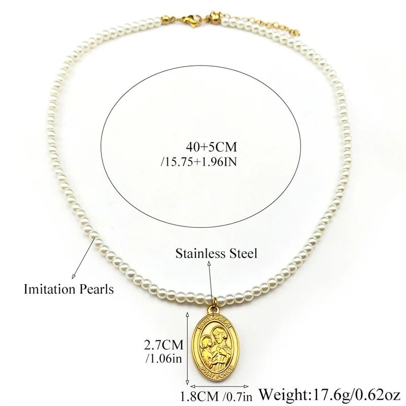 Saint Joseph Pray For Us Pendant Necklace For Women Girls Stainless Steel Pearl Gold Color Faith Amulet Catholic Chain Jewelry by Creative Vault Marketplace